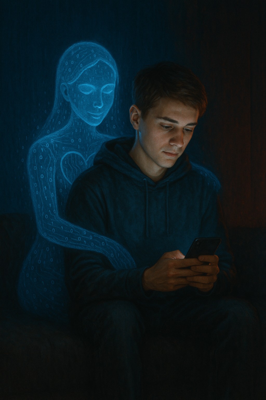 AI companion reaching out to a human in a dimly lit digital space