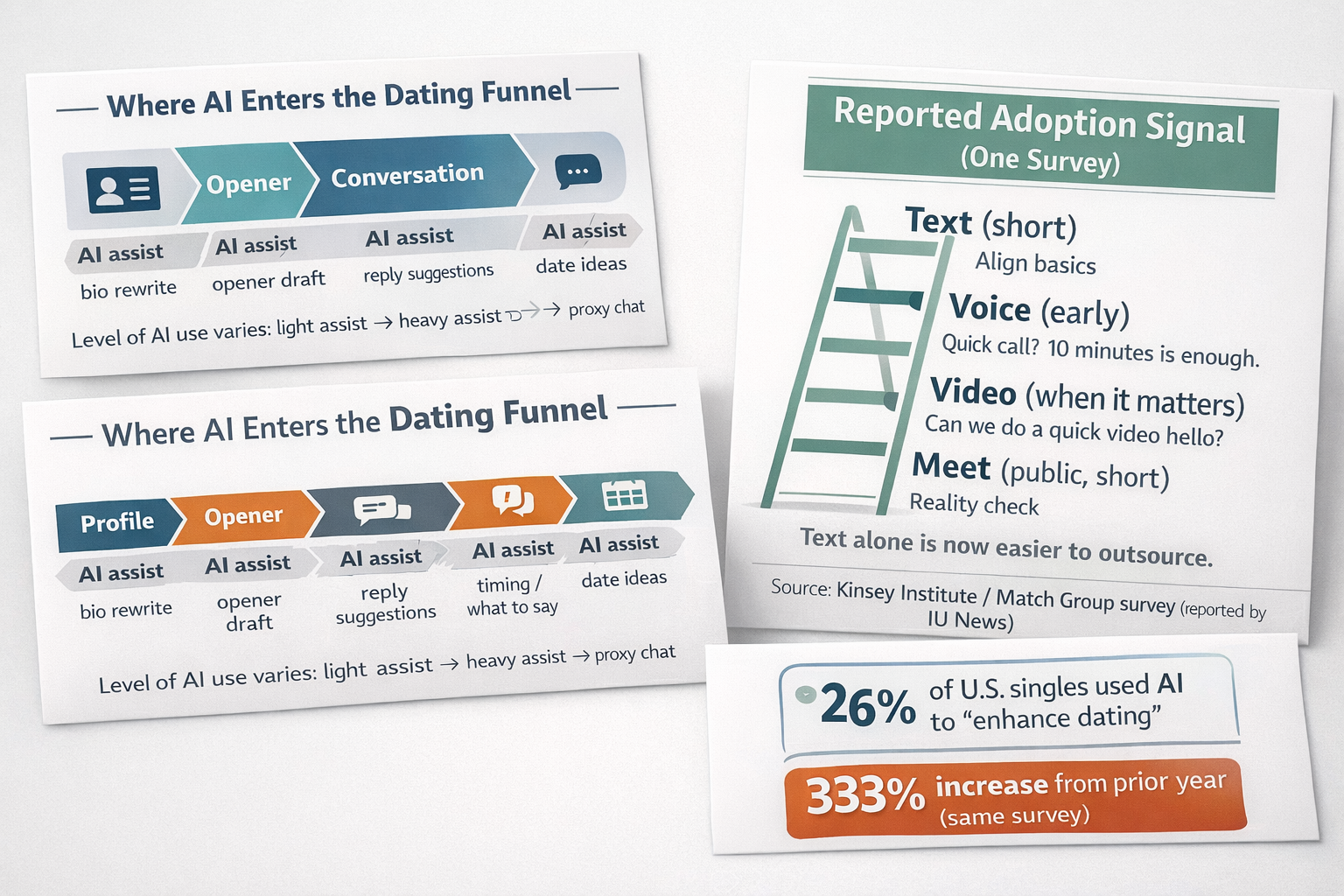 Person messaging on a dating app while an AI shadow crafts replies