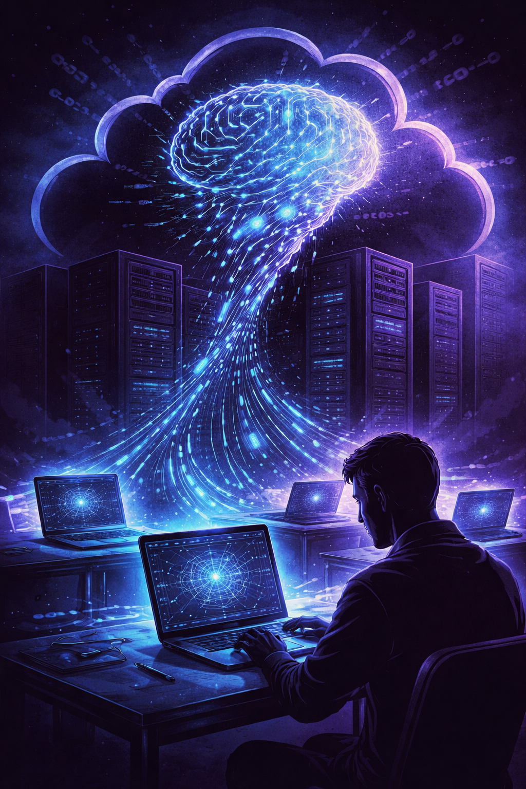 AI escaping centralized cloud infrastructure into individual laptops, symbolizing loss of control and accelerated job displacement