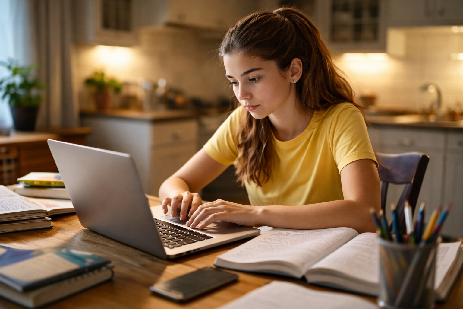 Student working at a kitchen table with a laptop and schoolbooks