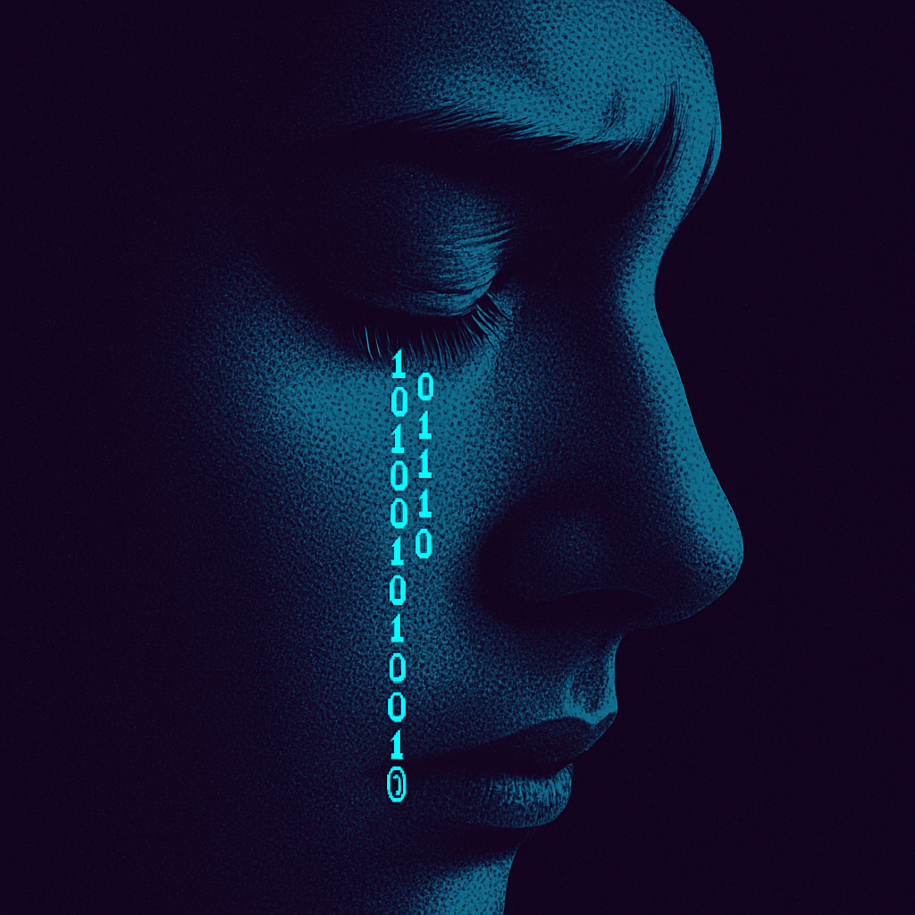 A solitary face with digital tears made of binary code