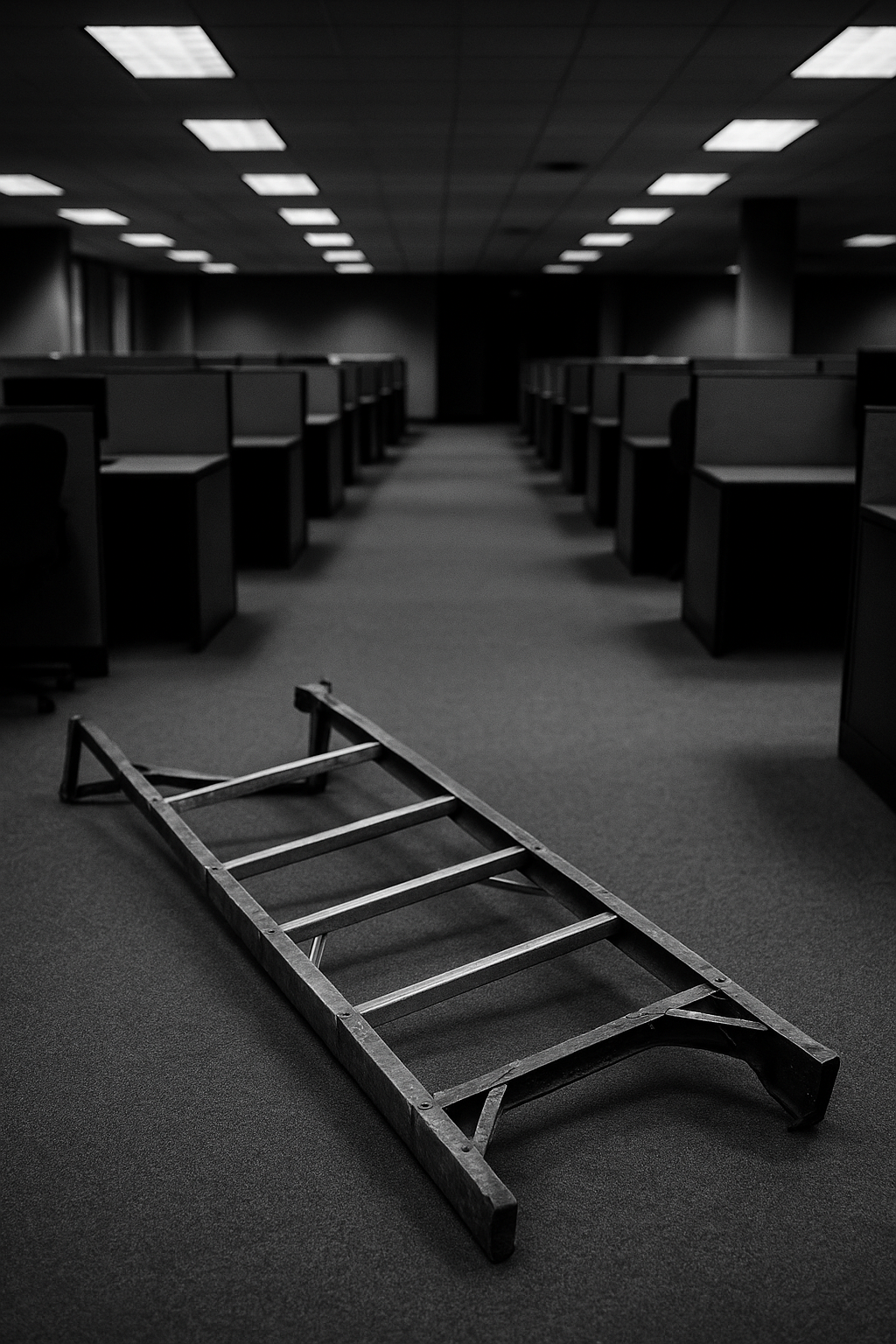 Black-and-white career ladder with the bottom rungs missing, fading into shadow